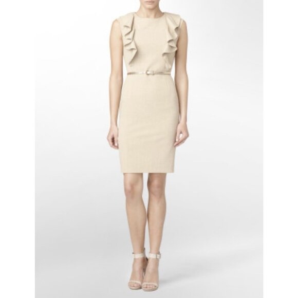 Calvin Klein Pencil Dress Beige Ruffles Sleeveless Gold Belted Preppy Corpcore 4 - Picture 1 of 10